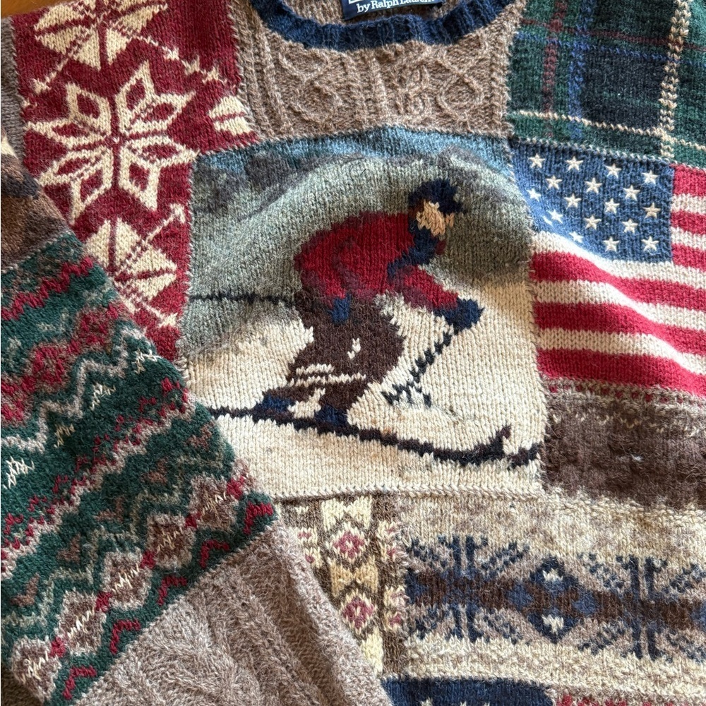 Vintage Ralph Lauren 90s Patchwork Ski Crewneck Sweater - Picture 5 of 13